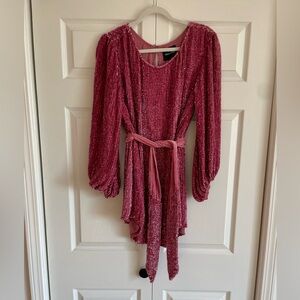 Retrofete Grace Pink Fuchsia Sequin Long Sleeve Mini Dress